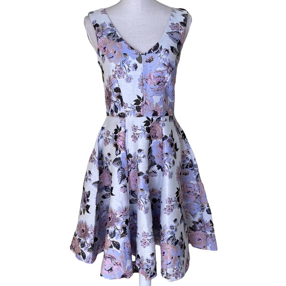 Closet London Cream Purple and Pink Floral Full Skirted Dress 4 - Picture 2 of 11